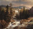 fisherman inspecting his catch near a mountain torrent